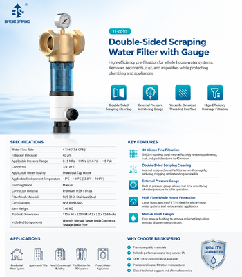 Préfiltre d'eau pour toute la maison BriskSpring T1-Z2-BS double face avec filtration de 40 microns et manomètre