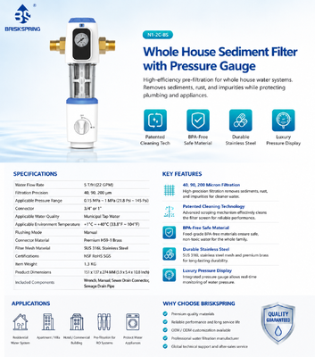 Préfiltre de sédiments pour toute la maison BriskSpring N1-2C-BS avec filtration de 40 microns et maille en acier inoxydable SUS316L